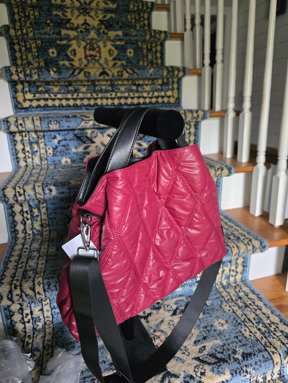 Quilted Magenta Shoulder Bag with Black Strap